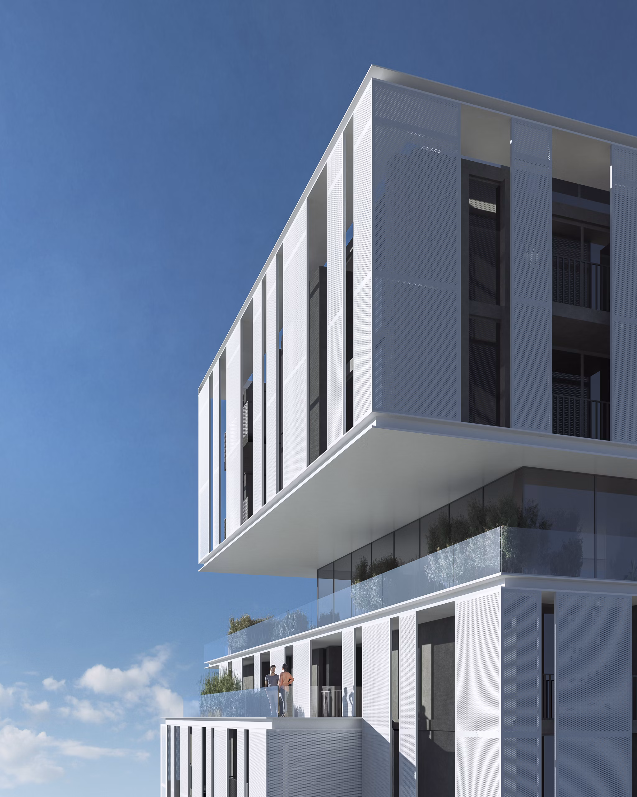 Vertical view of the architectural design of Nera Living Atocha, showcasing its modern exterior.