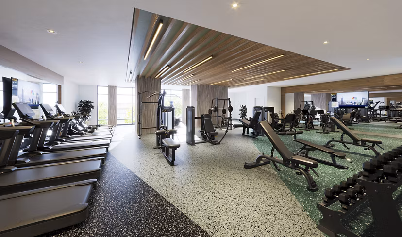 fitness center at The Leaf Apartments 