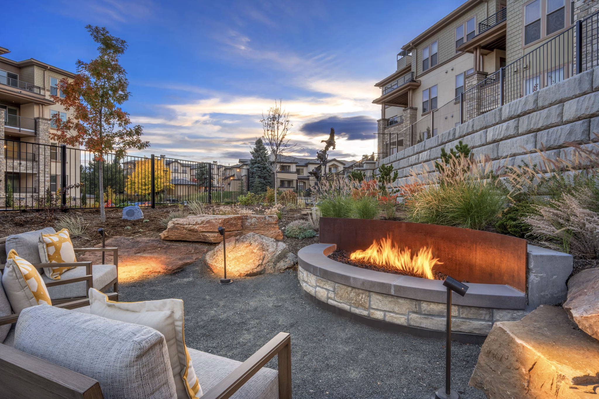 fire pit at The Charles Denver West Apartments