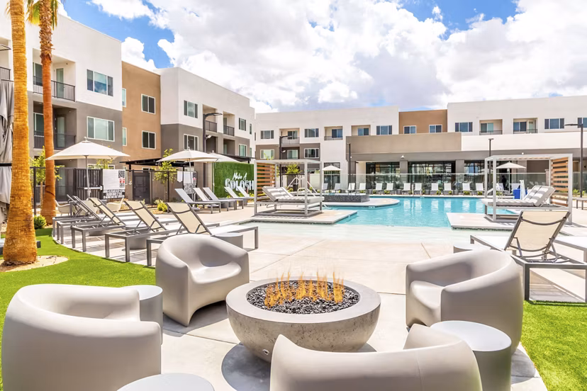 fire pit/pool/patio at Marlowe South Las Vegas Apartments