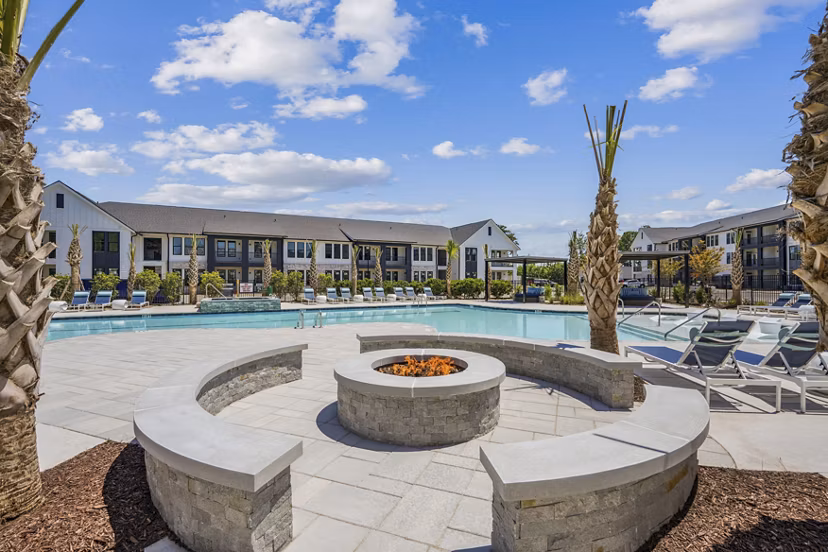 fire pit/patio/pool at Selene at Sayebrook Apartments