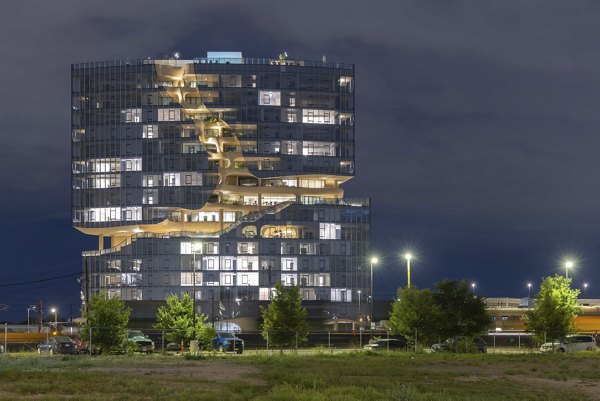 exterior at One River North Apartments 