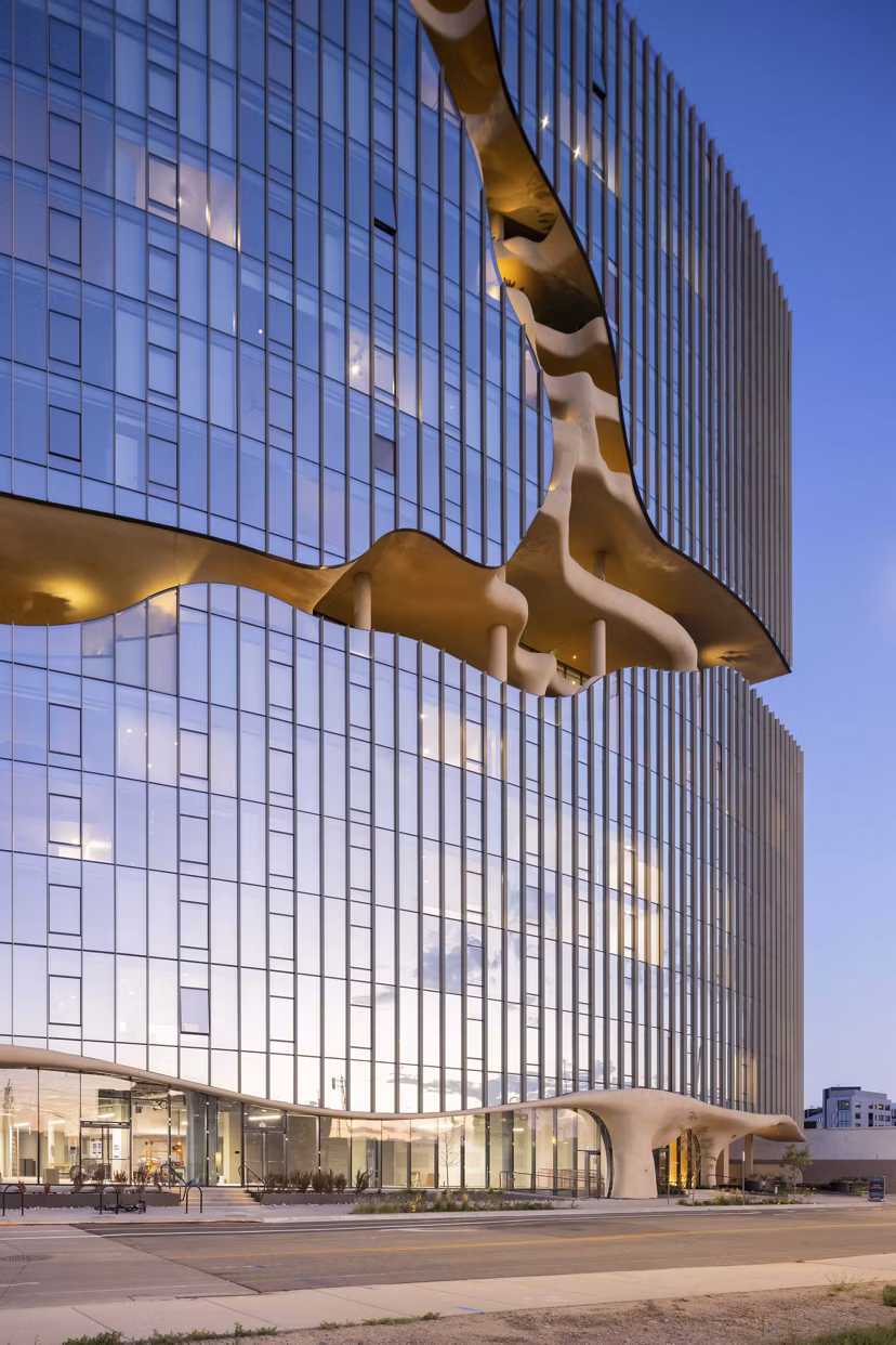 exterior at One River North Apartments 