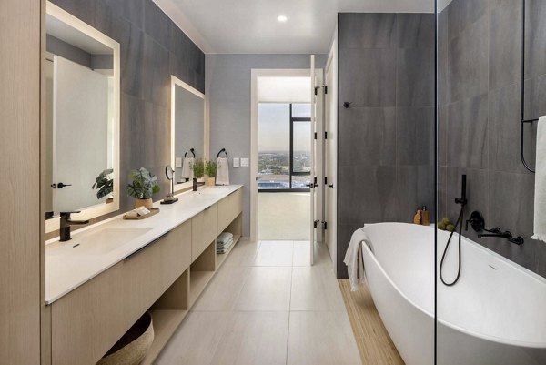 bathroom at One River North Apartments 