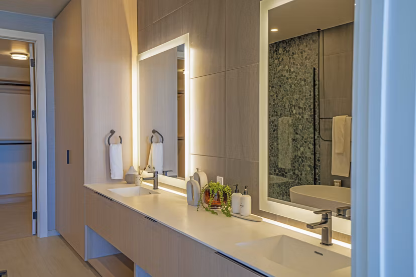 bathroom at One River North Apartments 