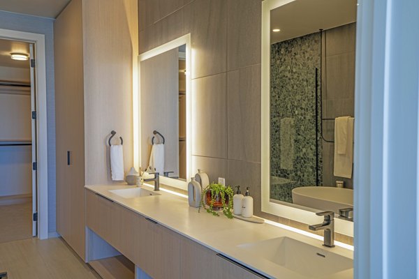 bathroom at One River North Apartments 