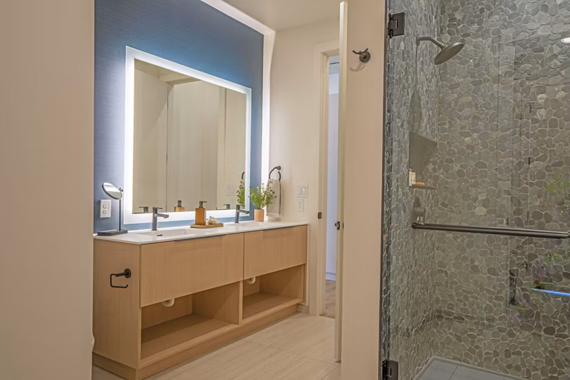 bathroom at One River North Apartments 