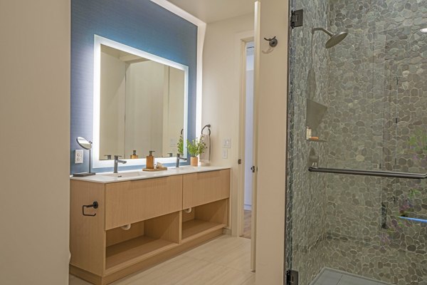 bathroom at One River North Apartments 