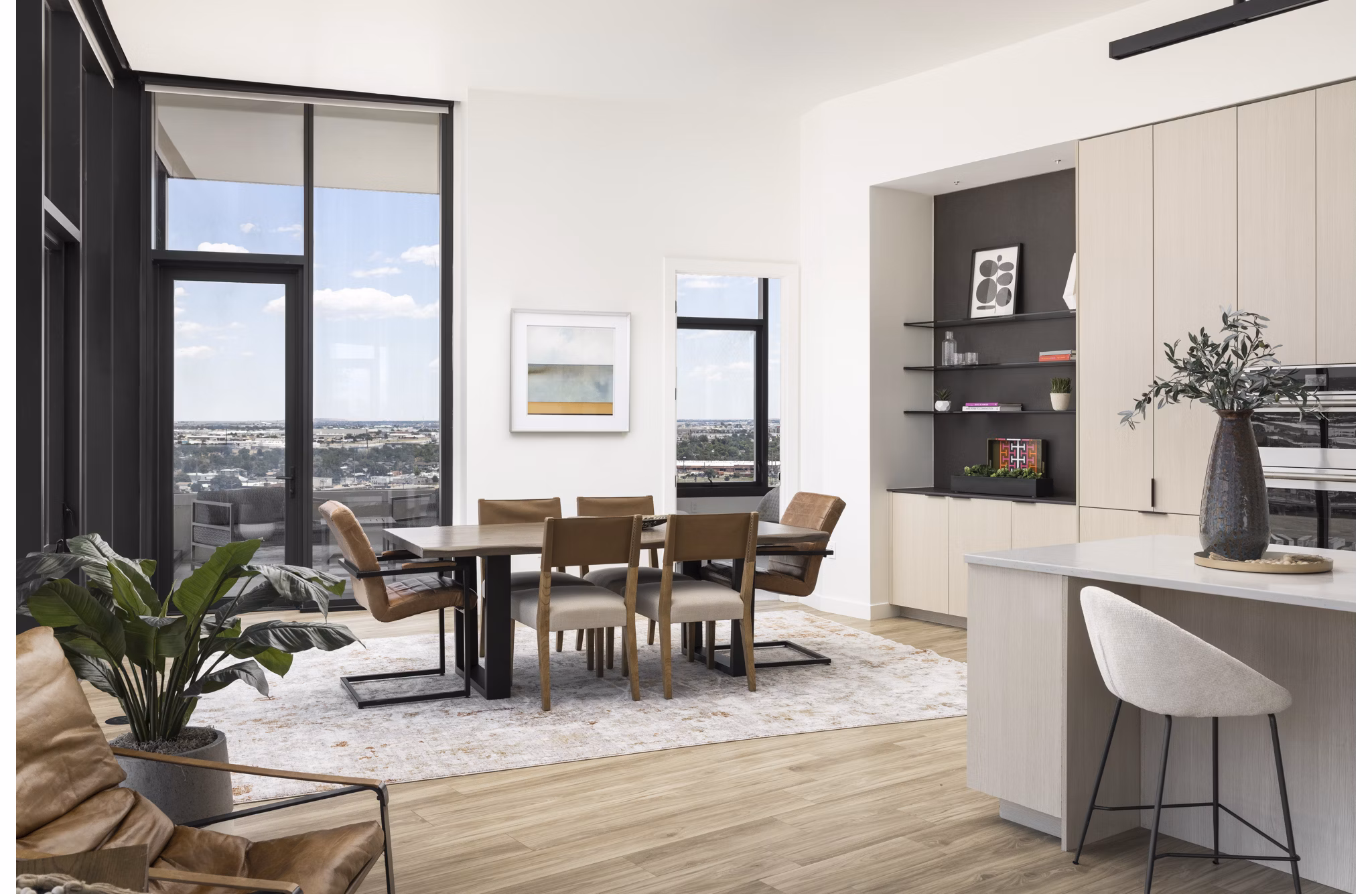 dining room at One River North Apartments