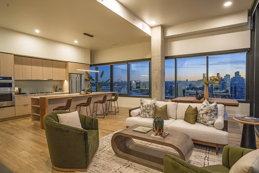 living room at One River North Apartments 