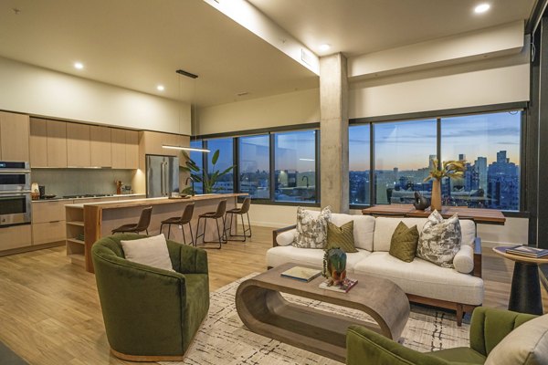 living room at One River North Apartments 