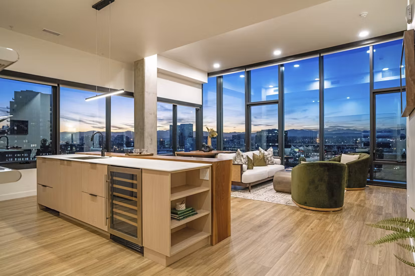 living room at One River North Apartments 