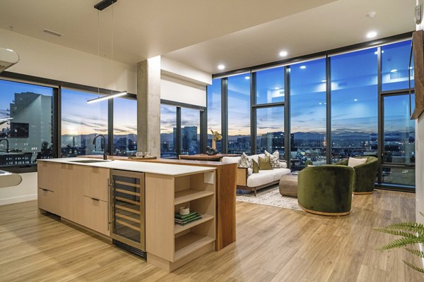 living room at One River North Apartments 