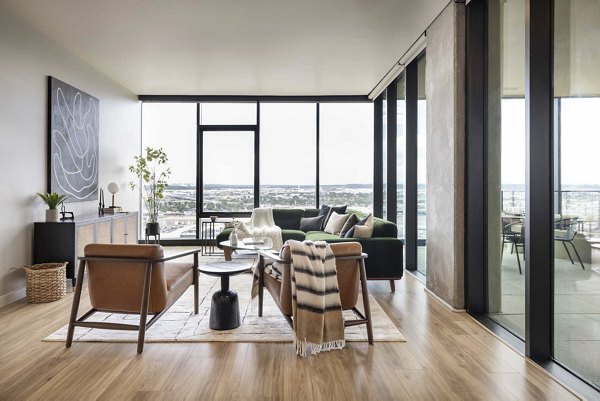 living room at One River North Apartments 
