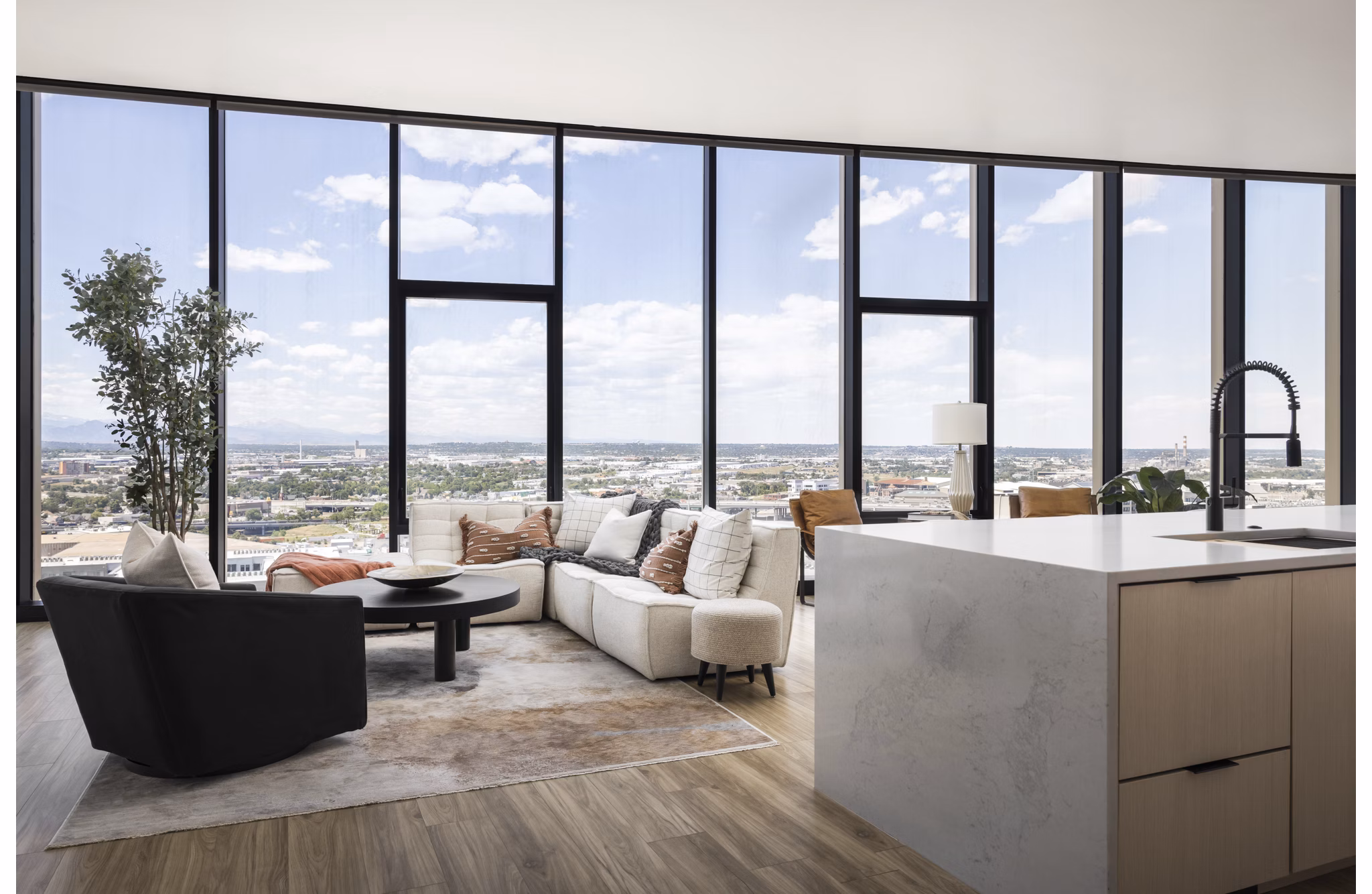 living room at One River North Apartments