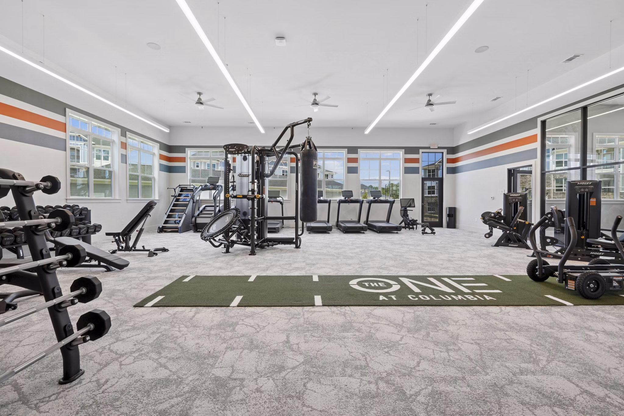 fitness center at The One at Columbia Apartments 
