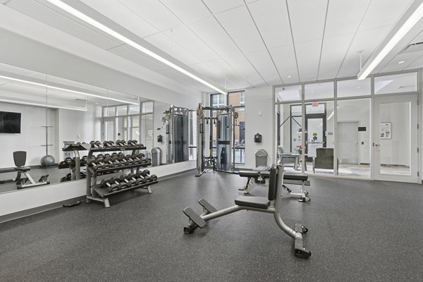 fitness center at The Block at Odell Apartments