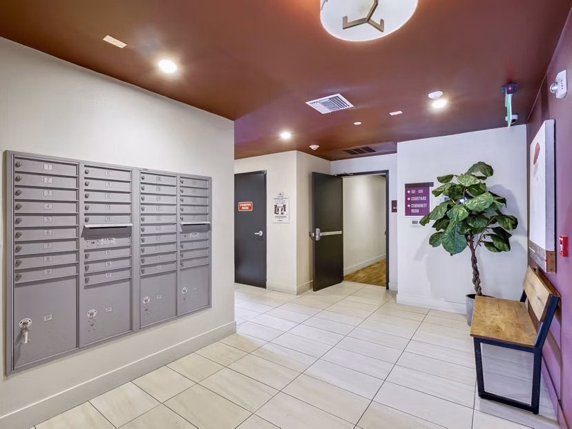 clubhouse mail room at The Metropolitan at Larchmont Village Apartments