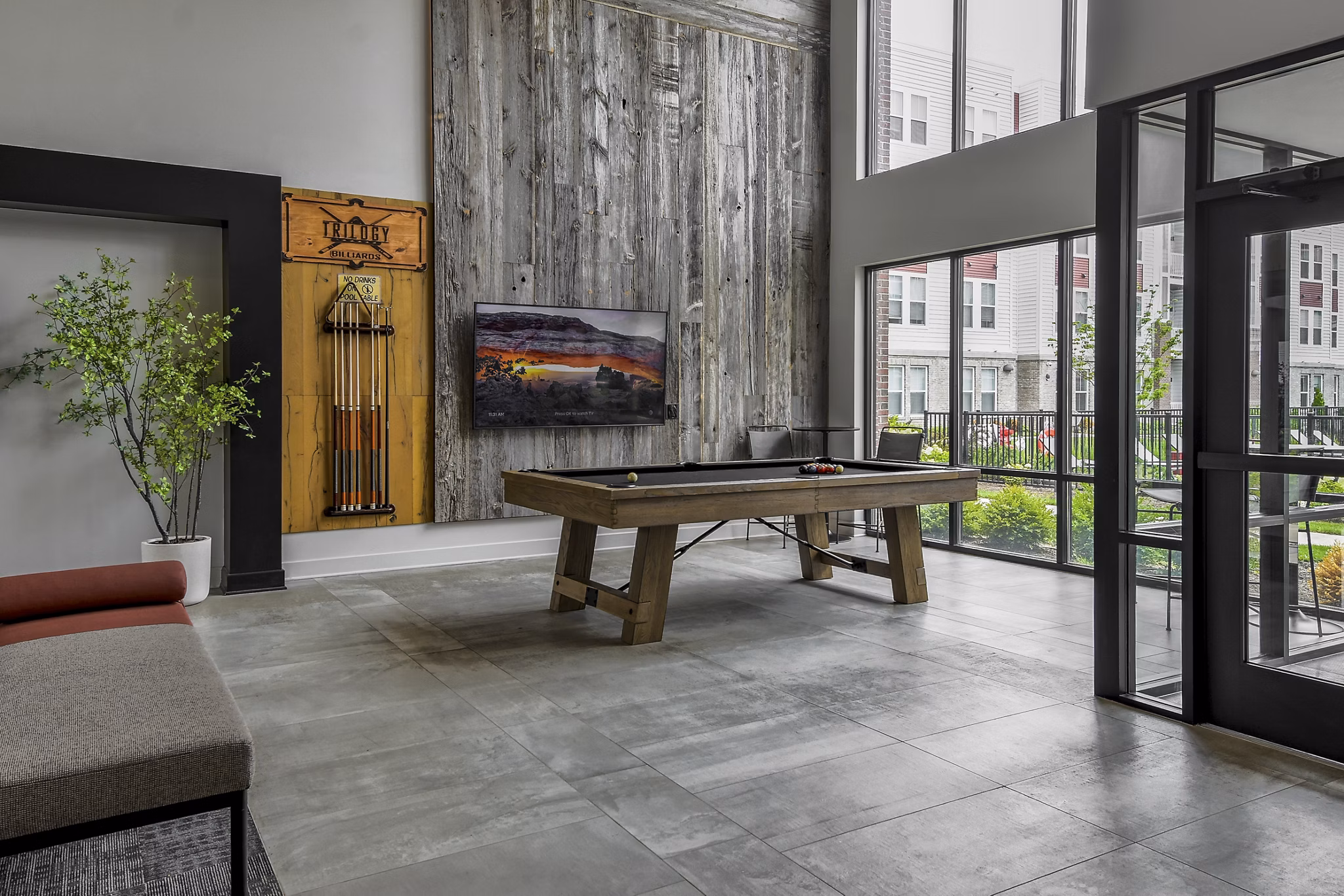 game room at The View on Collins Apartments