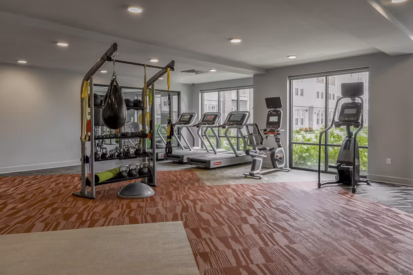 fitness center at The View on Collins Apartments