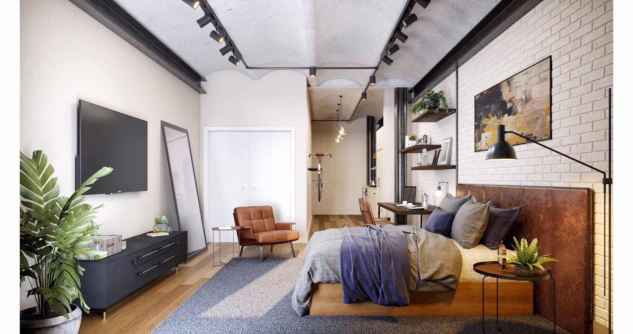 bedroom at Poth Brewery Lofts Apartments