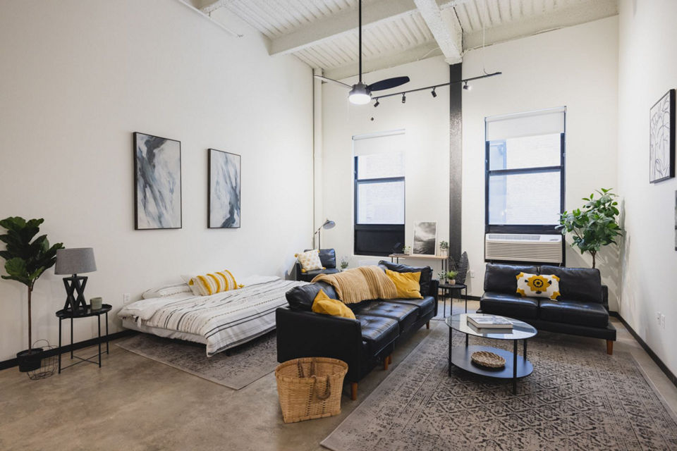 living room at Poth Brewery Lofts Apartments