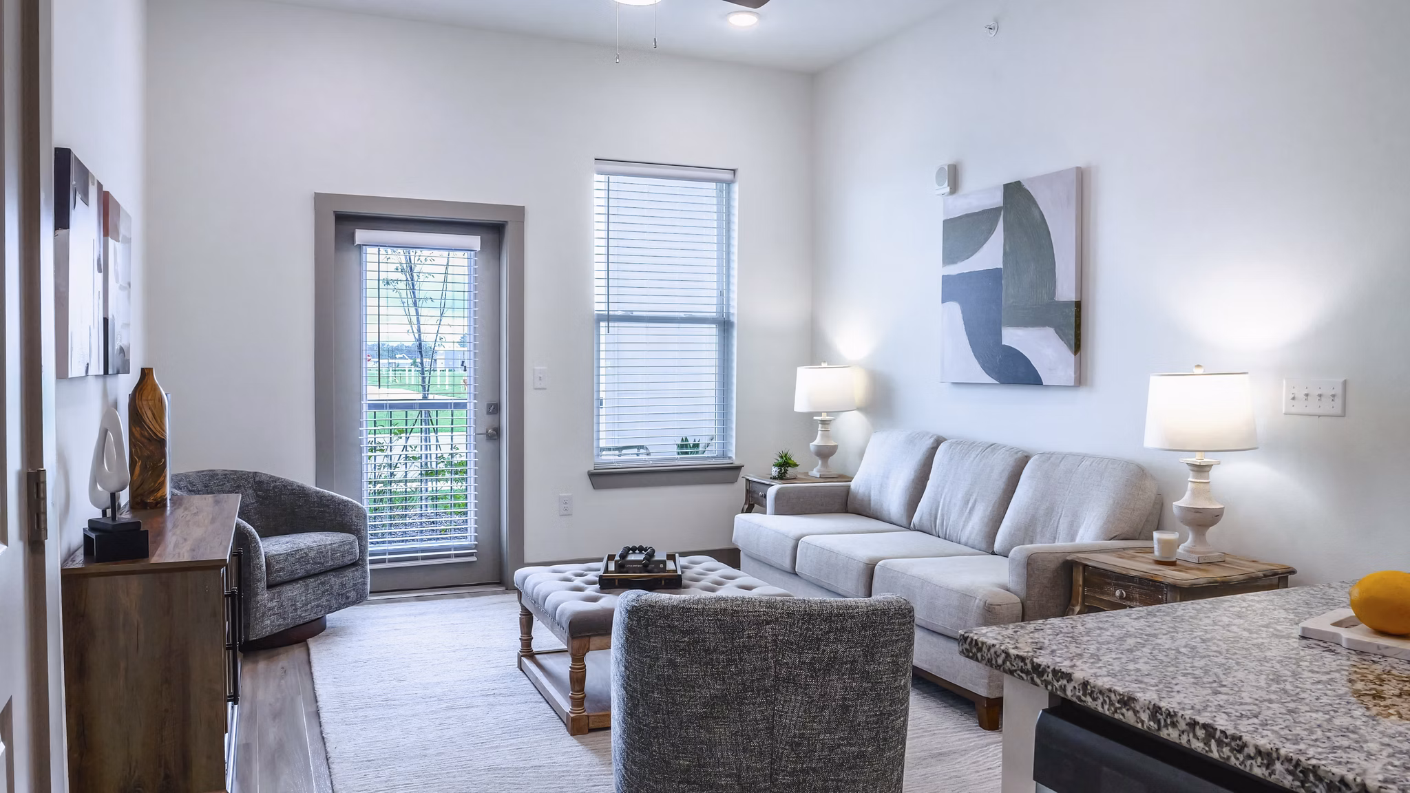 living room at The Oaks at Riverbend Apartments 