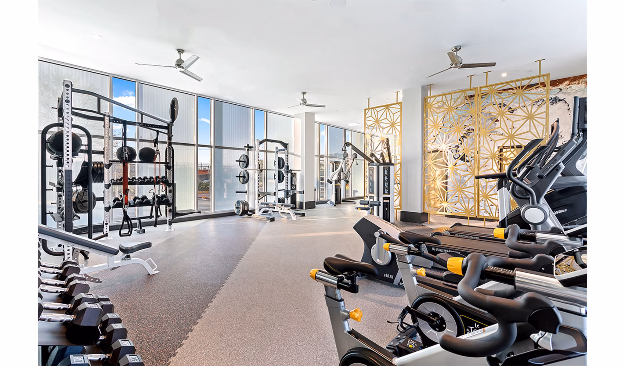 fitness center at Highland House Tower Apartments