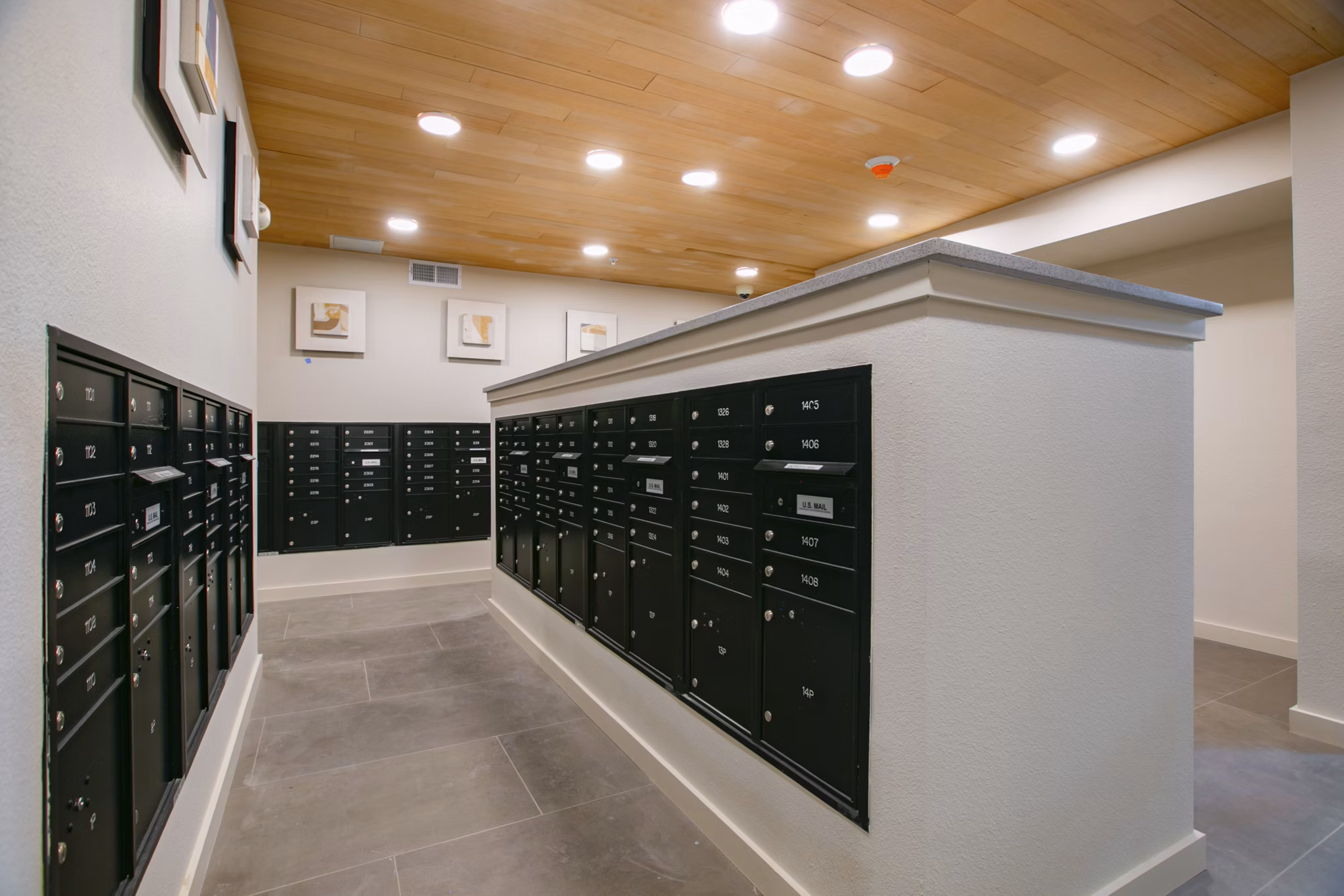 mail room at The Senary by Allaso Apartments