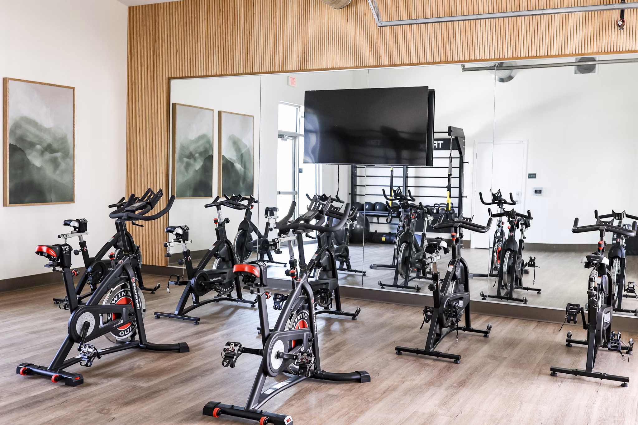 fitness center at The Grove at Woodlake Apartments