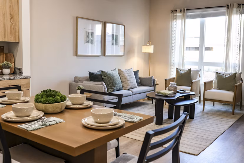 living room at The Grove at Woodlake Apartments