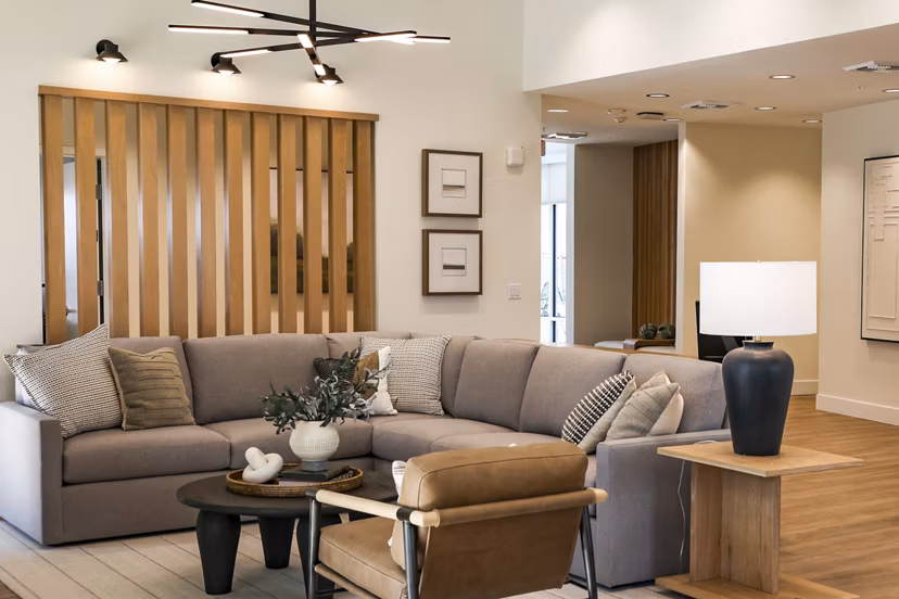 living room at The Grove at Woodlake Apartments