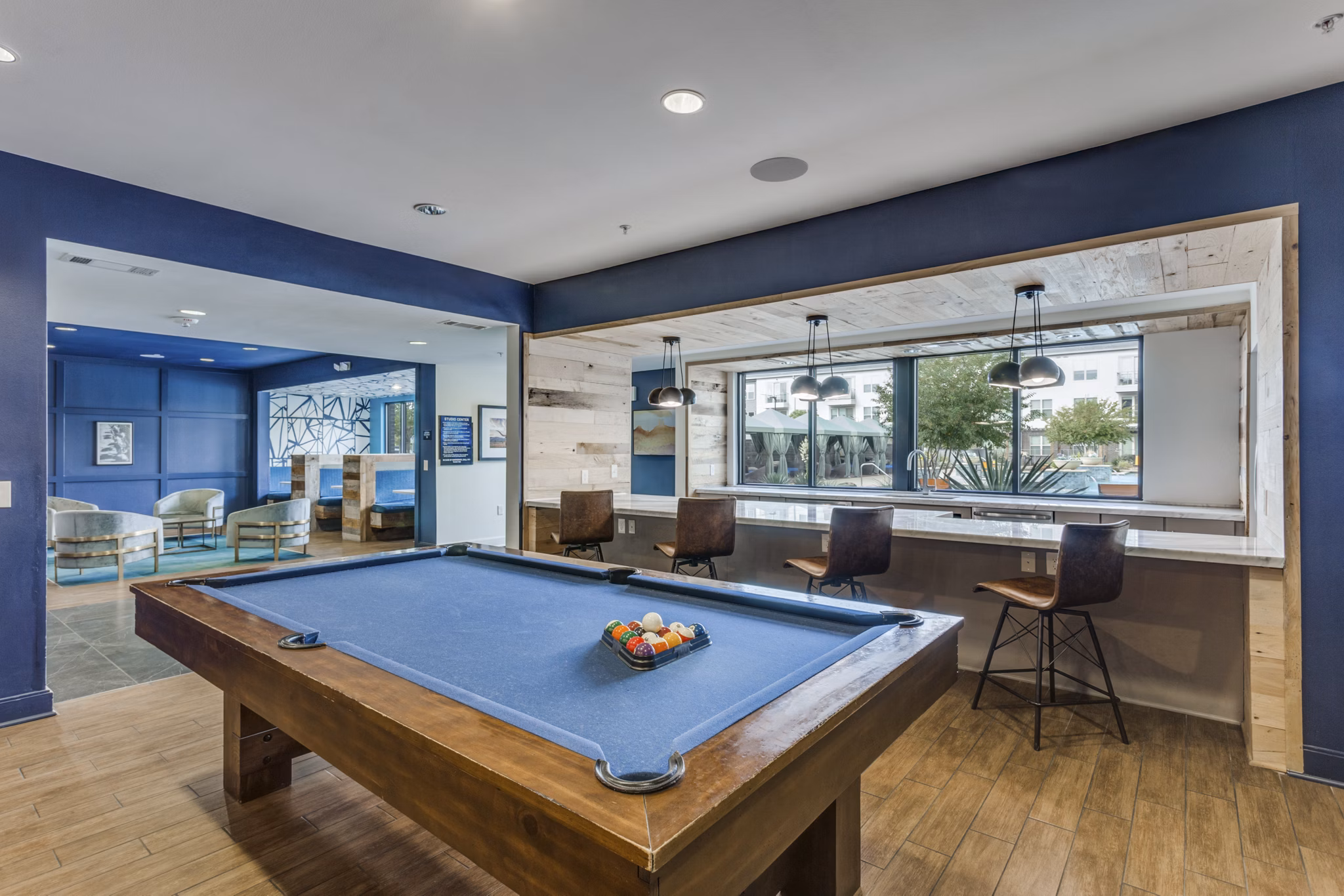 clubhouse game room at Madera at LeftBank Apartments