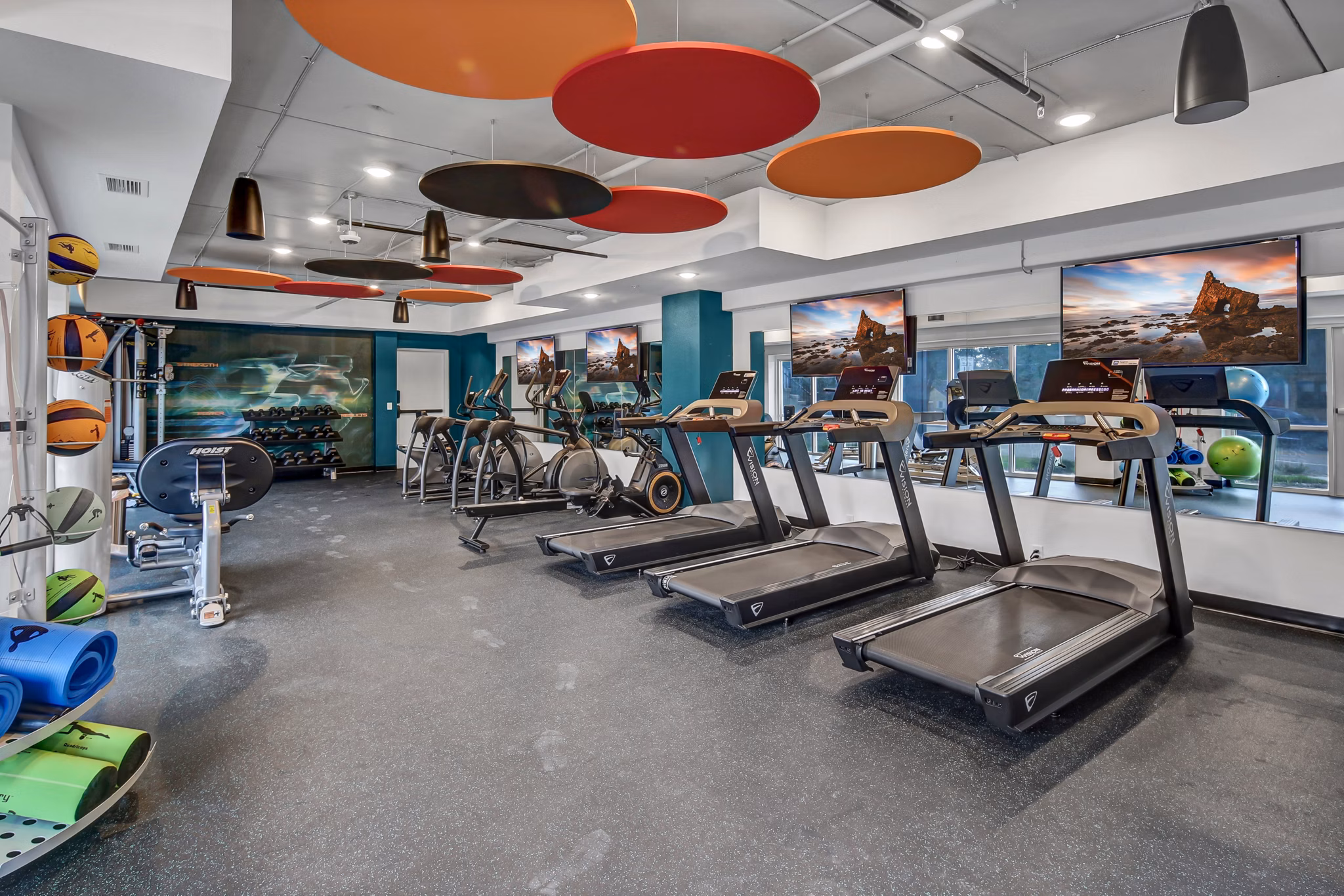fitness center at Novo Apartments