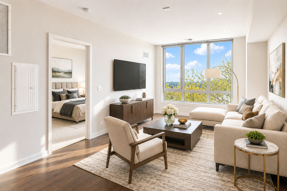 Living Room at One Ardmore Apartments