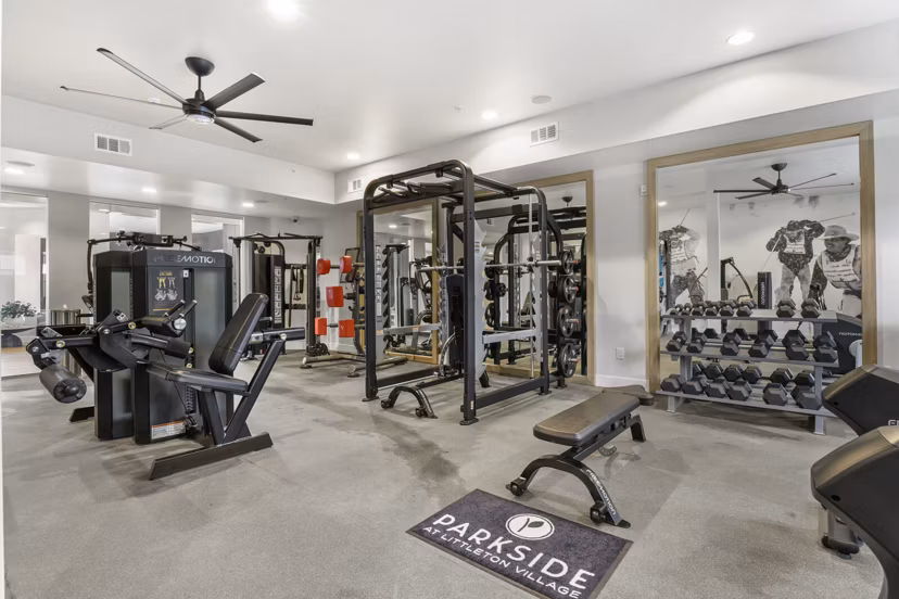 fitness center at Parkside at Littleton Village Apartments 