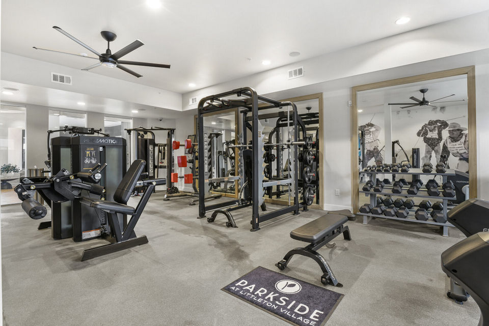 fitness center at Parkside at Littleton Village Apartments 