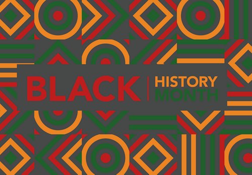 Banner with the text 'BLACK HISTORY MONTH' centered over a background of African-inspired patterns in red, green, and orange colors.