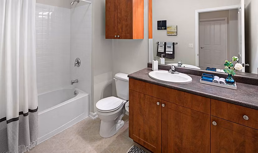 Modern bathroom with sleek fixtures at Jefferson at Dedham Station Apartments