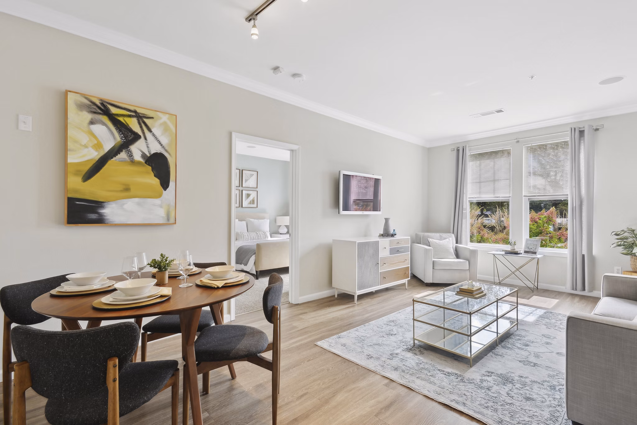 Dining area featuring elegant modern dÃ©cor at Jefferson at Dedham Station Apartments