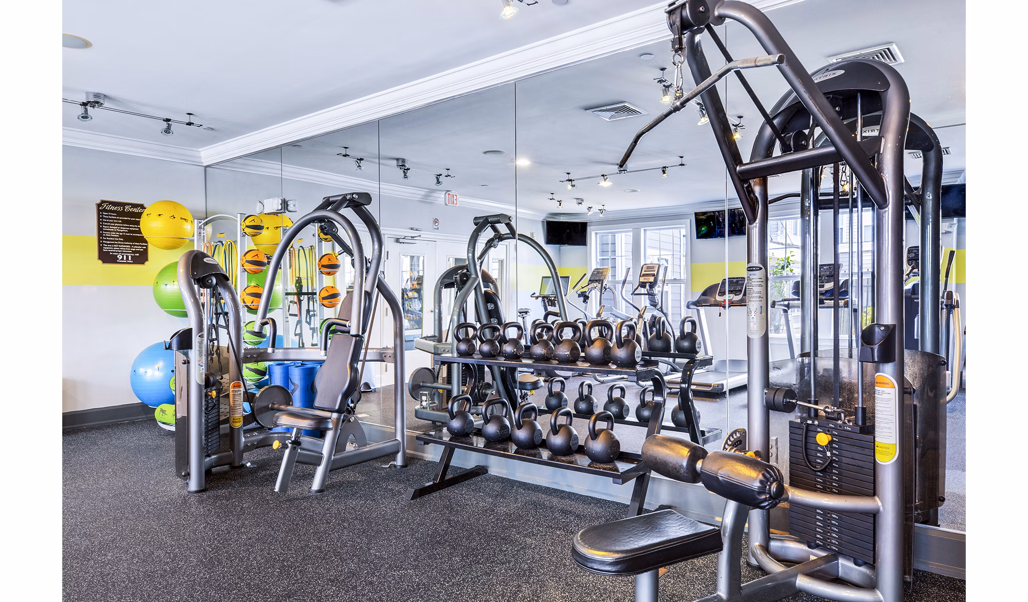State-of-the-art fitness center with modern equipment at Jefferson at Dedham Station Apartments