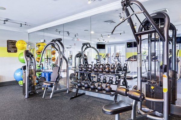 State-of-the-art fitness center with modern equipment at Jefferson at Dedham Station Apartments