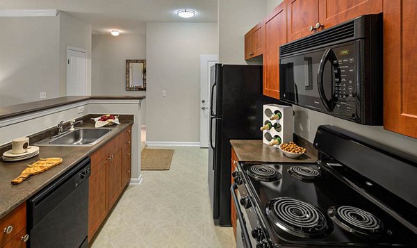 Modern kitchen with stainless steel appliances at Jefferson at Dedham Station Apartments