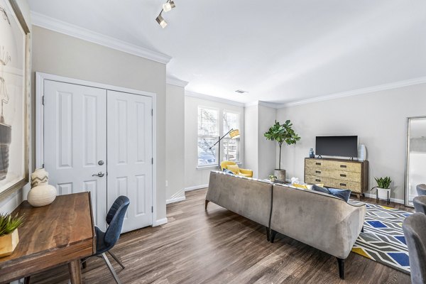 Modern living room with chic furnishings in Jefferson at Dedham Station Apartments