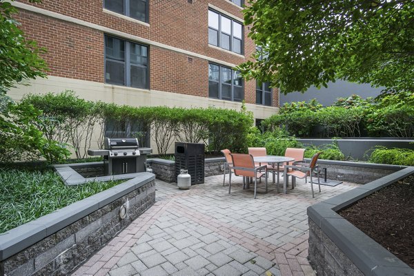 Spacious patio with modern seating at 100 Capitol Yards Apartments, offering an elegant outdoor retreat for residents