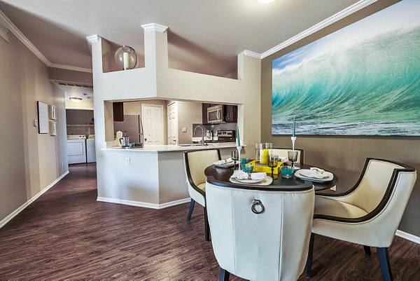 Monte Vista Apartments: Elegant dining room with modern furnishings and stylish lighting