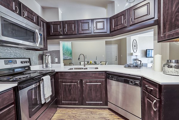 Modern kitchen with stainless steel appliances in Monte Vista Apartments