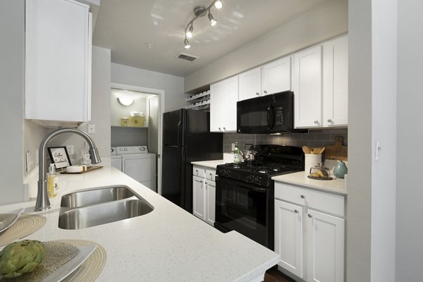 Modern kitchen with stainless steel appliances in Hardrock Canyon Apartments, perfect for luxury living