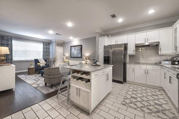 Modern kitchen with stainless steel appliances in Manchester State Thomas Apartments