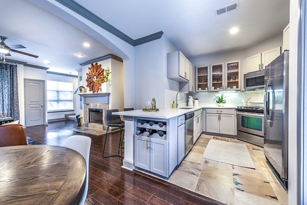 Modern kitchen with stainless steel appliances and granite countertops in Manchester State Thomas Apartments